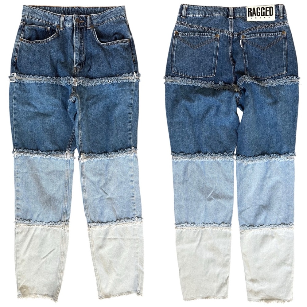 Ragged Priest High Rise Raw Hem Denim Distressed Frayed Tiered Mom Jeans Size 28
